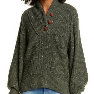 rag & bone Klark Shawl Collar Wool Blend Henley Army Green Sweater, Size Small